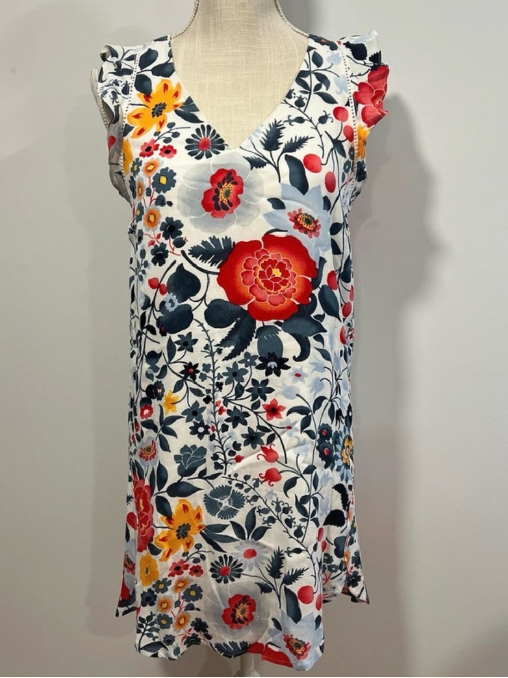 Floral V-Neck Ruffle Sleeve Short Shift Dress - White with Red, Navy & Yellow